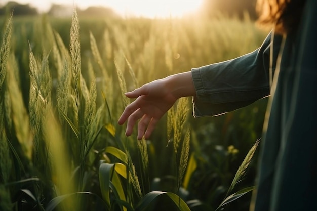 Weibliche Hand berührt Pflanzen auf dem Feld, erstellt mit generativer KI