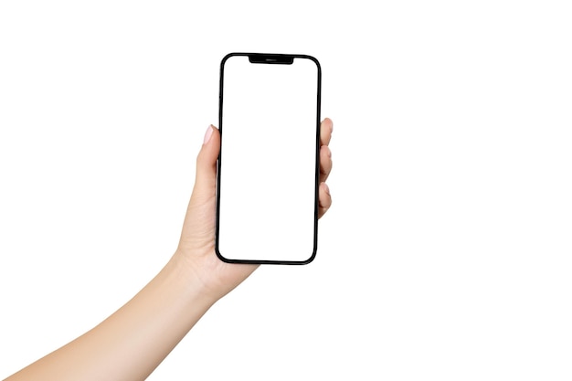 Weibliche Hand, die ein Mobiltelefon mit leerem Bildschirm auf weißem Hintergrund hält