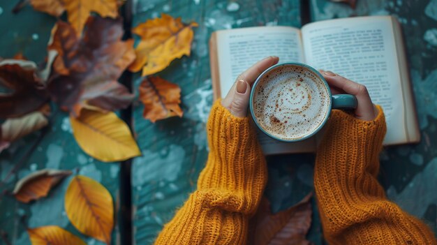 Foto weibliche hand, die eine tasse kaffee hält, während sie frühstück isst und im herbst ein buch liest