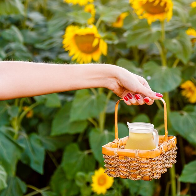 Weibliche Hand, die einen Weidenkorb mit einem Krug Sonnenblumenöl hält