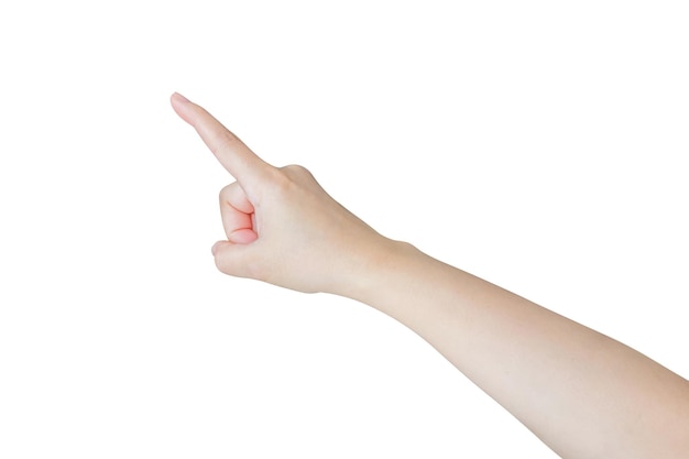Weibliche Hand, die etwas auf weißem Hintergrund berührt oder darauf zeigt