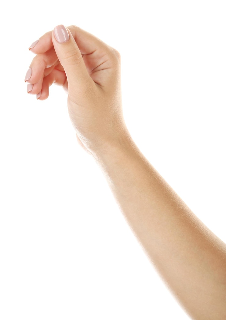 Foto weibliche hand, die etwas isoliert auf weiß hält