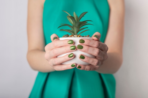 Weibliche Hand, die grüne Pflanze im Topf hält. Frau im grünen Kleid und mit den grünen Nägeln.