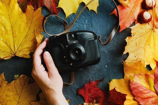 Weibliche Hand, die Vintage Fotokamera hält. Herbstkonzept.