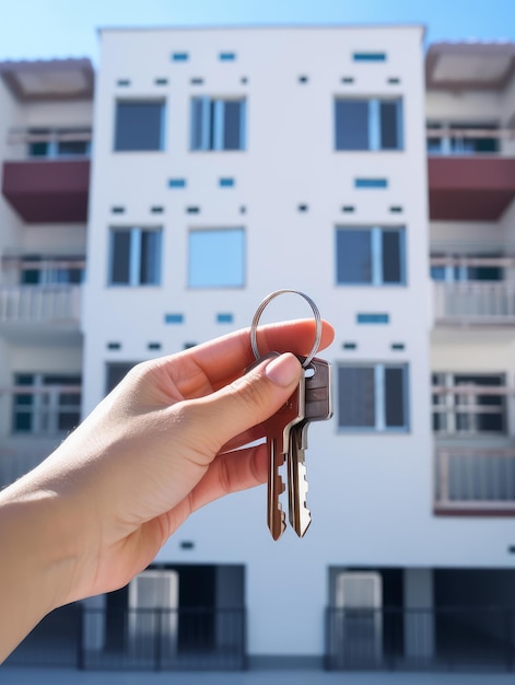 Foto weibliche hand hält die schlüssel eines neuen wohnblocks im hintergrund immobilienhypothek und mietkonzept generative ki
