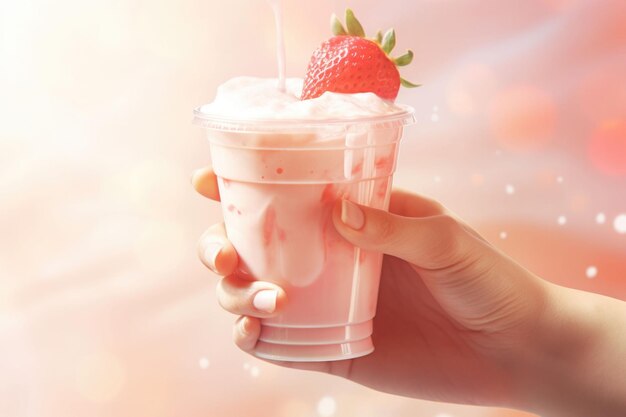 Weibliche Hand hält ein Glas frischer Erdbeer-Smoothie Sommergetränk Milkshake KI generiert