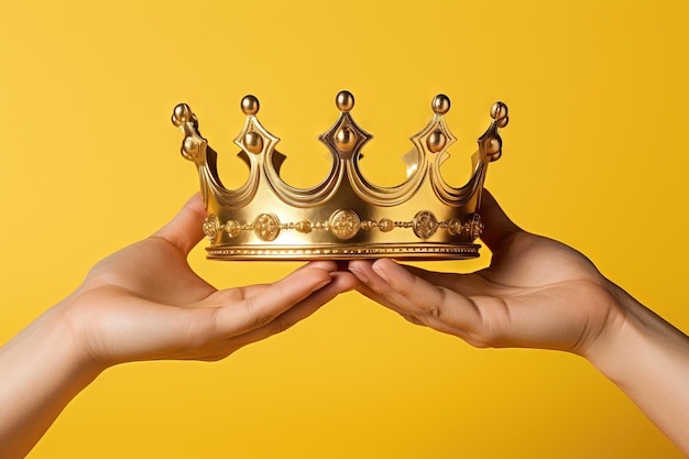 Weibliche Hand hält eine goldene Krone auf leuchtend gelbem Hintergrund. Generative KI