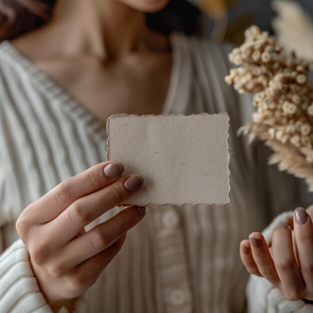 Weibliche Hand hält eine leere Visitenkarte, die auf weißem Hintergrund isoliert ist