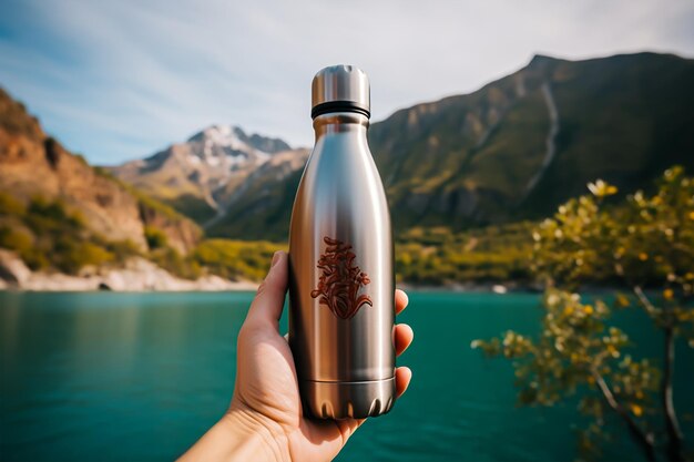 Weibliche Hand hält eine Wasserflasche auf dem Hintergrund von Bergen und See