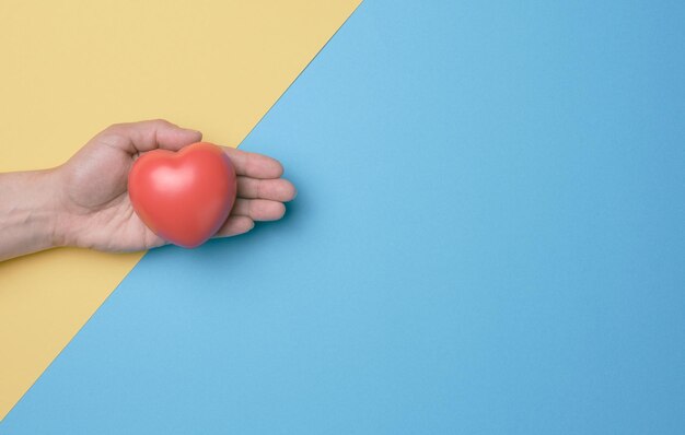 Weibliche Hand hält rotes Herz blau-gelber Hintergrund Draufsicht auf das Liebes- und Spendenkonzept