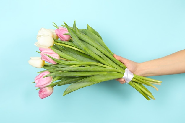 Weibliche Hand halten Strauß Tulpen auf blauem Hintergrund