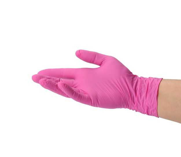 Weibliche Hand in einem rosa Latexhandschuh, Handfläche offen