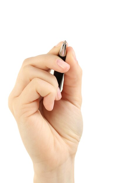 Weibliche Hand mit dem Stift getrennt auf Weiß