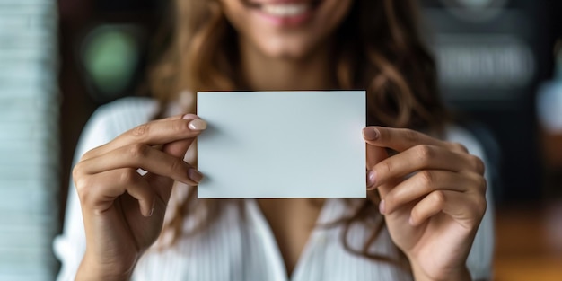 Foto weibliche hand mit leerer weißer visitenkarte rabatt oder flyer auf rosa hintergrund mit kopierraum vorlage für ihr design