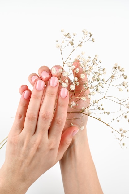 Weibliche Hand mit weißen Blumen auf Weiß