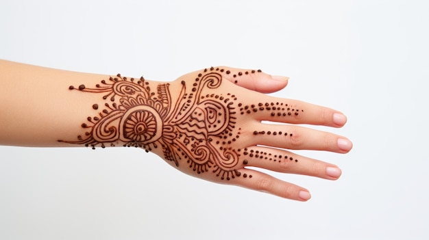 Weibliche Hand mit wunderschönem Henna-Tattoo auf weißem Hintergrund, KI-generiertes Bild