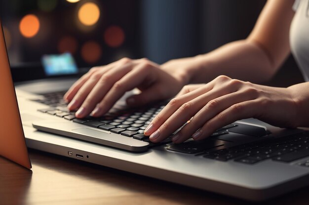 Weibliche Hand tippt auf der Tastatur des Laptops