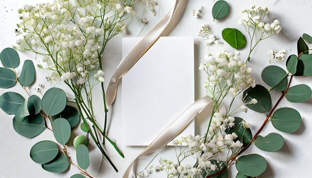 Foto weibliche hochzeitsmockup mit babys atem gypsophila blüten trockene grüne eukalyptusblätter