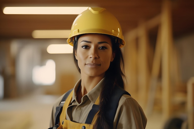 Weibliche Holzhandwerkerin mit Helm, Hintergrund auf der Baustelle