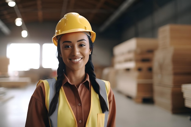 Weibliche Holzhandwerkerin mit Helm, Hintergrund auf der Baustelle