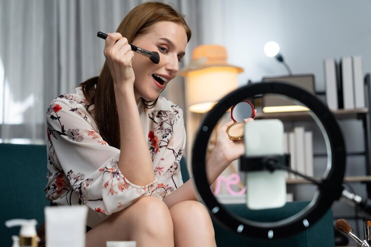 Foto weibliche influencer-shoot-live-streaming-vlog-video-bewertung make-up äußerst sozial