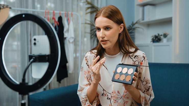 Foto weibliche influencer-shoot-live-streaming-vlog-video-bewertung make-up prim-soziale