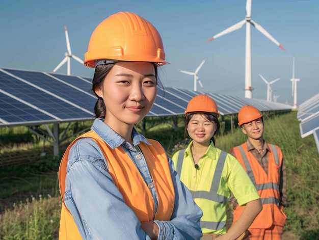 Weibliche Ingenieurin steht neben dem Solarpanel