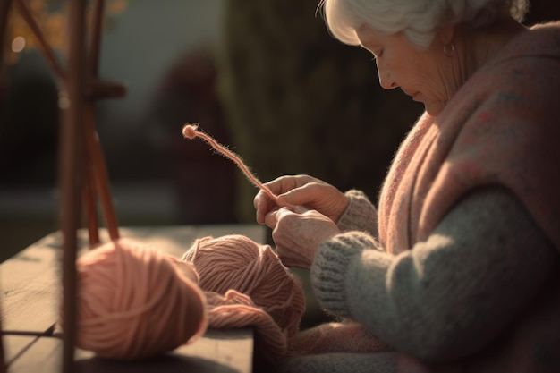 Foto weibliche kaukasische ältere menschen stricken kuscheligen pullover wärme terrasse pastell generative ai aig23