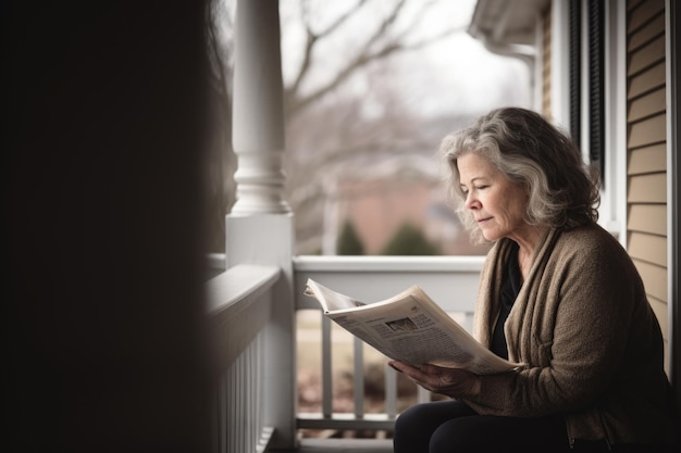 Weibliche kaukasische Seniorin liest Bücher auf der Veranda und entspannt entspannt. Generative KI AIG23