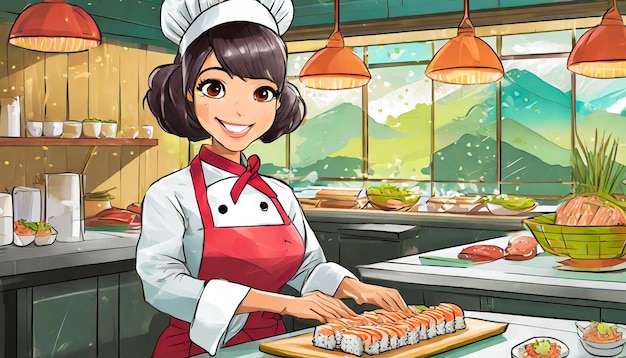 weibliche Koch, die in die Kamera schaut, bereitet Sushi in einem Küchenregal vor, kopiert den Raum für den Text