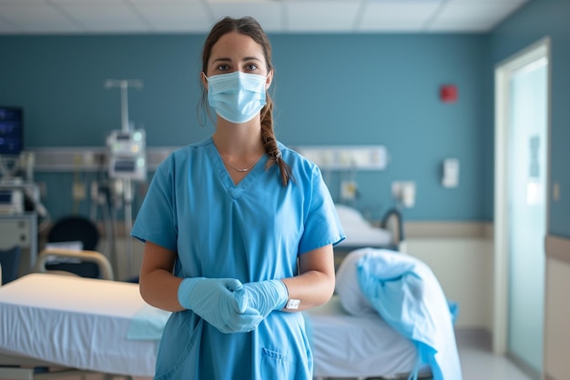 weibliche Krankenschwester steht in ihrem Krankenhauszimmer mit chirurgischen Handschuhen und Maske