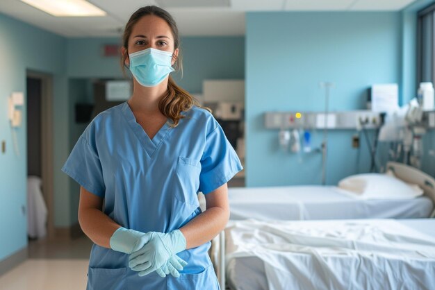 weibliche Krankenschwester steht in ihrem Krankenhauszimmer mit chirurgischen Handschuhen und Maske