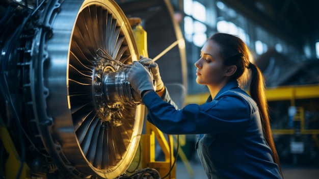 Weibliche Lehrling-Flugzeugwartungsingenieurin arbeitet unter dem Düsenmotor