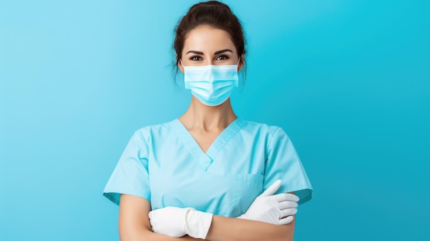 Foto weibliche medizinische fachfrau mit einem selbstbewussten lächeln, die eine chirurgische maske und sterile weiße handschuhe trägt und vor einem blauen hintergrund steht