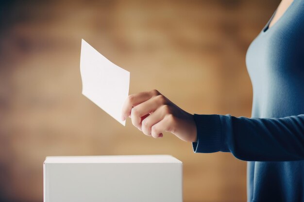 Foto weibliche oder weibliche wählerin hält einen umschlag in der hand und stimmt für die abstimmung.