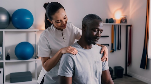 Weibliche Physiotherapeutin massiert einen männlichen Patienten im Büro