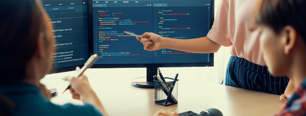 Weibliche Programmiererin präsentiert Programmierung, während der Manager zuhört