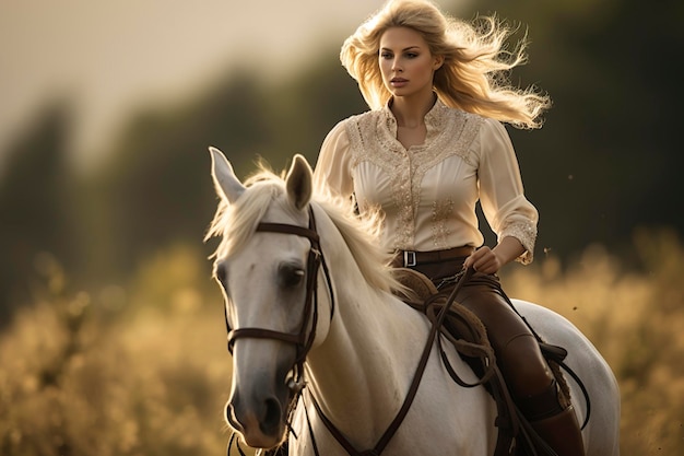 weibliche Reiterin auf einem Pferd, das im Galop rennt