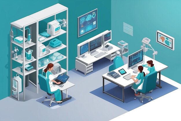 Weibliche Ärztin oder Krankenschwester Karikatur isometrische Menschen Computer für Krankenhaustechnologie Gesundheitswesen Konzept Vektor-Illustration