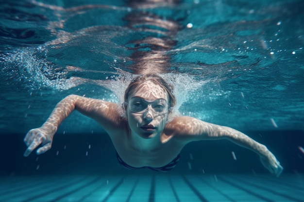 Weibliche Schwimmerin schwimmt unter Wasser in einem Schwimmbad