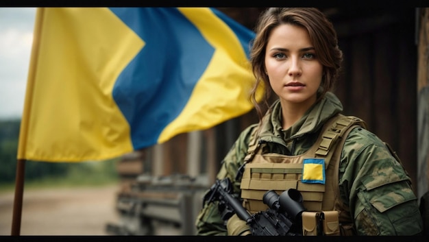 weibliche Soldatin der ukrainischen Armee Flagge Hintergrund