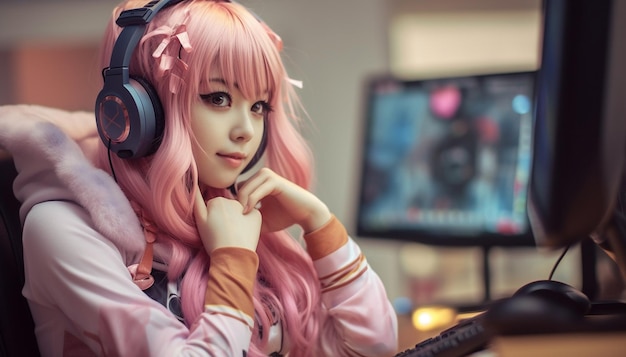 Weibliche Streamerin verkleidet als japanisches animehappy Gamer-Teenager-Mädchen und Kopfhörer Online-Spiele oder