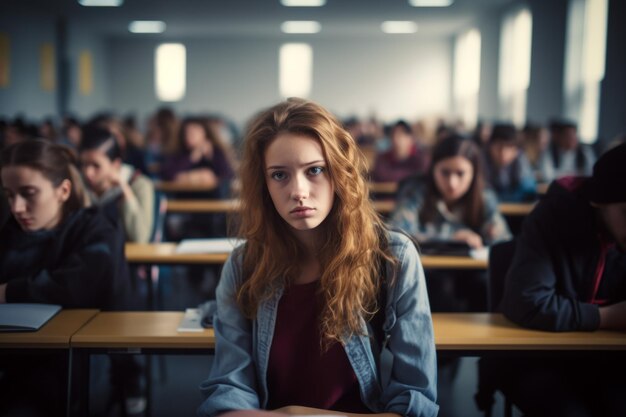 Weibliche Studentin gelangweilt schläfrig weiße Frau müde traurig gestresst Mädchen im Unterricht Teenager Schüler Teenager