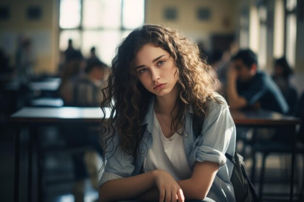 Weibliche Studentin gelangweilt schläfrig weiße Frau müde traurig gestresst Mädchen im Unterricht Teenager Schüler Teenager