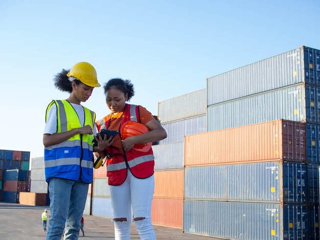 Weibliche südafrikanische ethnische Zugehörigkeit Schutzhelm Sicherheitsingenieur Mitarbeiter Blick auf Bericht Tablet Arbeit Job Karriere Terminal Transport Logistik Frachtcontainer Import Export Versand Zoll Beziehung