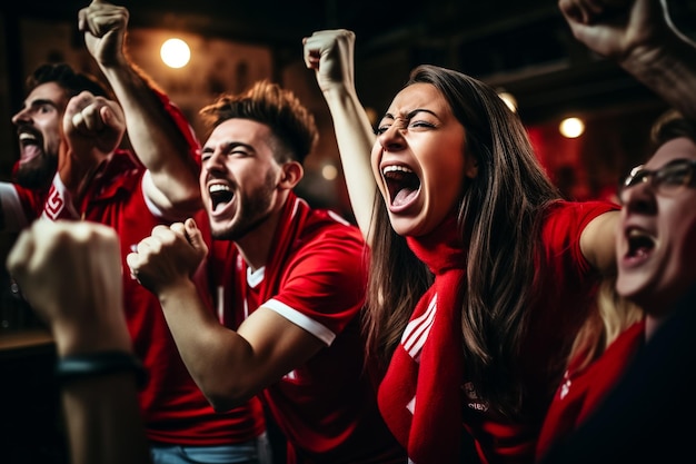 Foto weibliche und männliche fußballfans feiern ein wm-spiel in einer kneipe