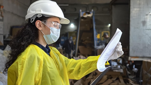 Weibliche Vorgesetzte mit weißer Maske prüft Informationen in Dokumenten in der Zwischenablage. Schwarzhaarige Managerin kontrolliert die Arbeit der Mitarbeiter in der Sortier- und Recyclinganlage