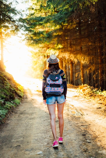 Weibliche Wanderer, die unter den Strahlen der Morgensonne im Bergwald spazieren