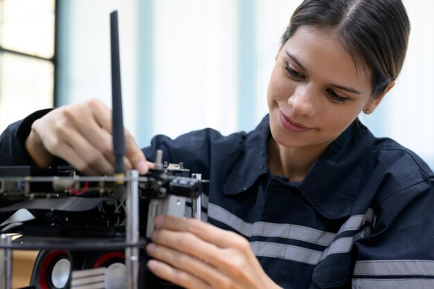 Weibliche Wartungsingenieurin überprüft und repariert automatische Robotermaschine in einer Industriefabrik