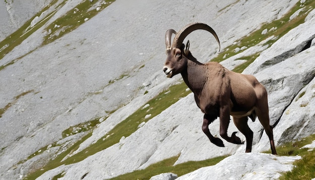 Weibliche wilde Alpen-Ibex Capra-IbeX oder Steinbock, die in den Alpen in Frankreich auf Felsen rennt